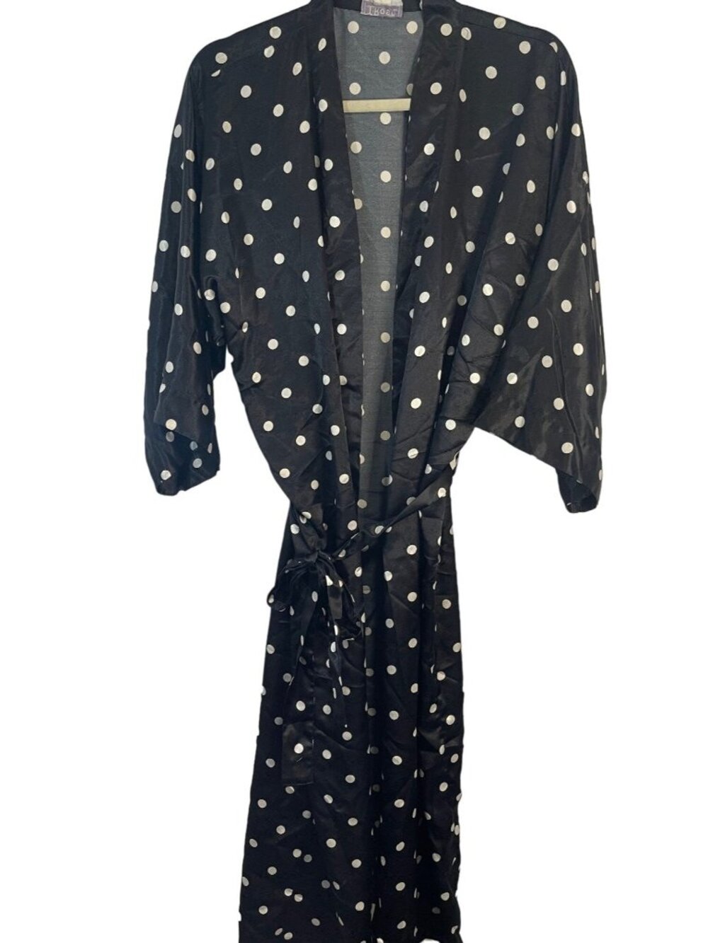 t-rose dot bathrobe long black white tie 3/4 sleeve polyester blend medium READ